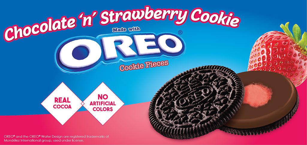 chocolate 'n' strawberry cookie made with OREO® cookie pieces label image